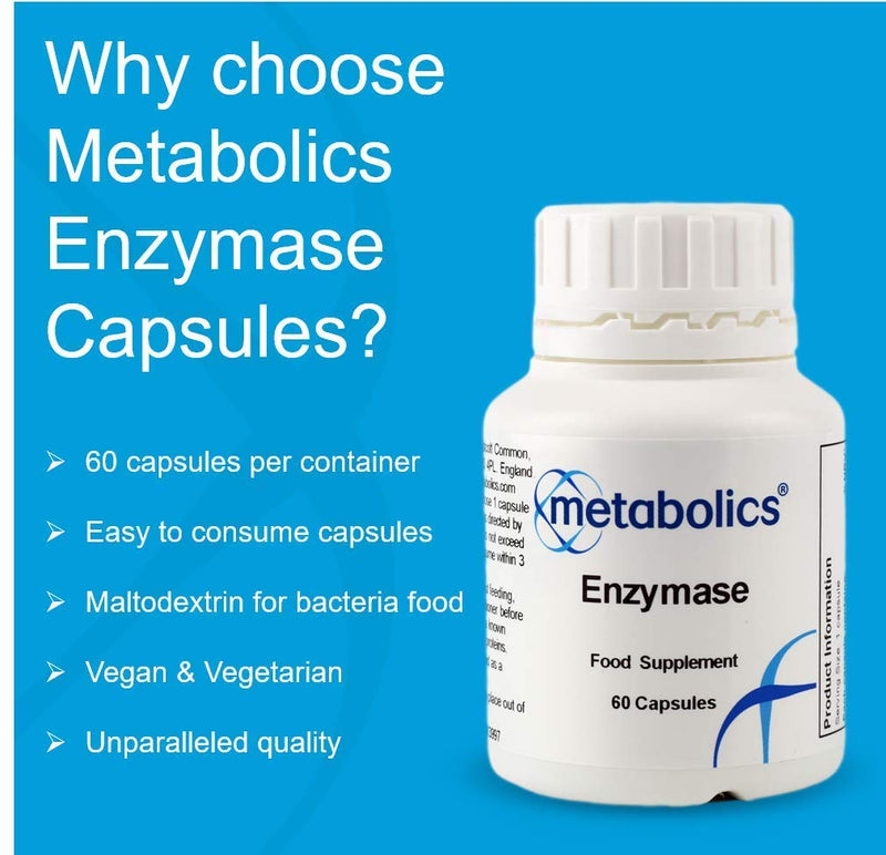 Metabolics Enzymase Digestive Enzyme Complex, 9 Plant Enzymes with Bromelain, Papain & Lactase — UK Made GMP Certified — Vegan Capsules, Digestive Comfort & Gut Health — 60 Count
