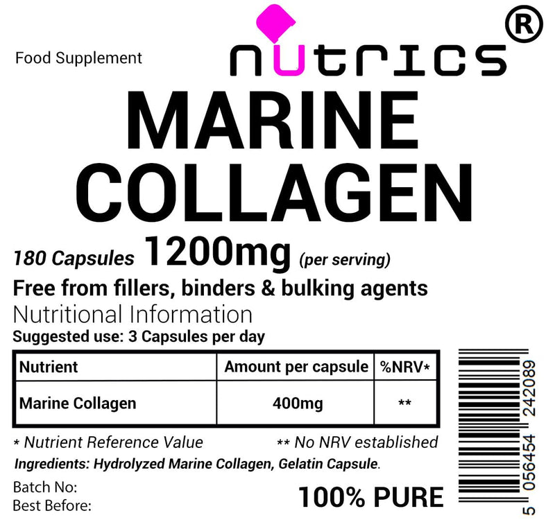 Hydrolysed Marine Collagen 1200mg 180 Capsules - 100% Pure, No Fillers, Binders or Bulking Agents