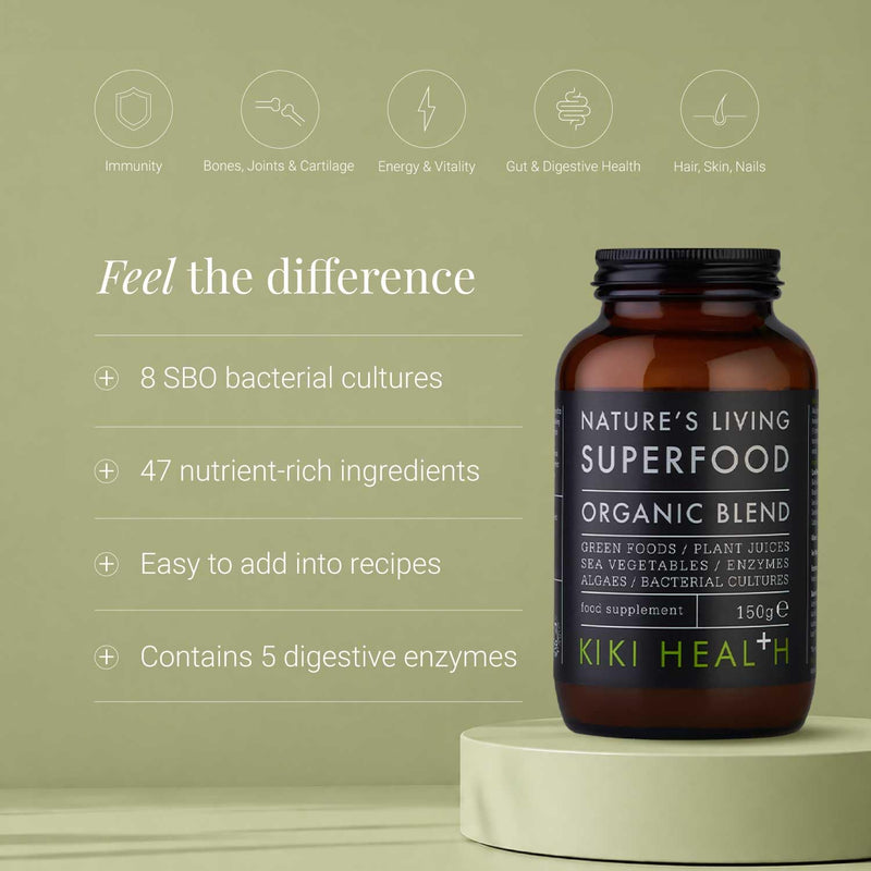 KIKI Health Nature's Living Superfood Powder - 47 Ingredient Superfood Blend with Plant-Based Vitamin B Complex - Raw Greens & Plant Juices - Vegan & Gluten Free 150g 150 g (Pack of 1)