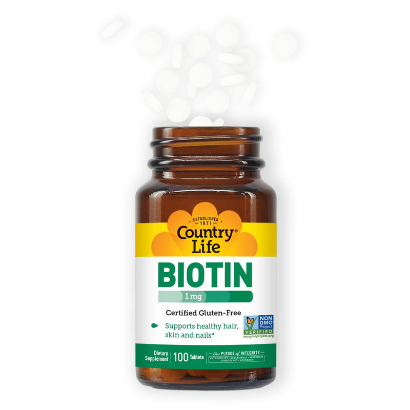 Country Life Biotin 1mg Supports Healthy Hair, Skin & Nails, 100 Tablets, Certified Gluten Free, Certified Vegan, Certified Halal, Non-GMO Verified (Pack of 2) 100 Count (Pack of 2)