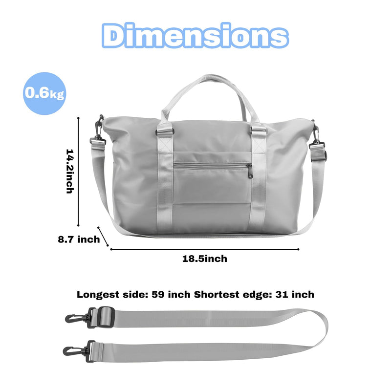 Travel Duffle Bag for Women, Carry On Weekender Tote with Trolley Sleeve | Waterproof overnight bag for gym, sports, hospital stays, labor and delivery; spacious carry-on design for short trips. Misty Grey