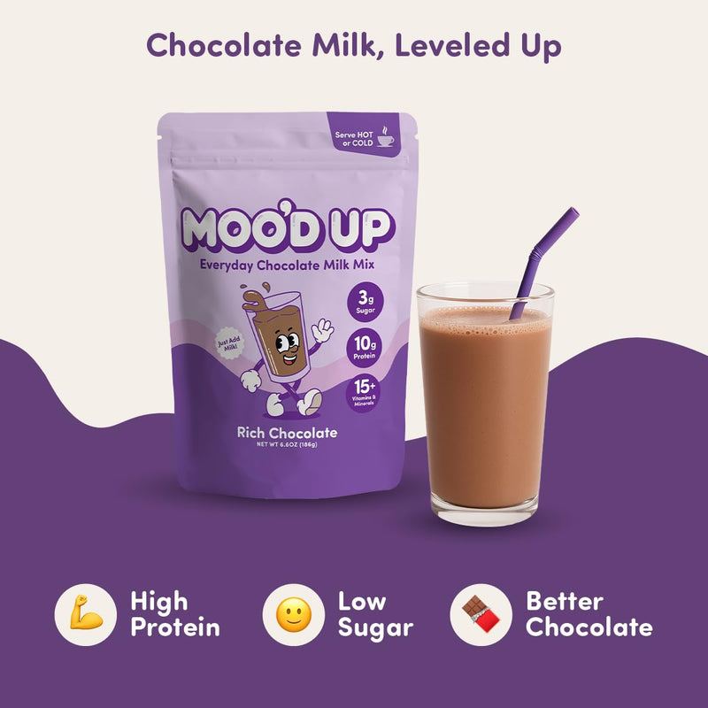 Moo’d Up Chocolate Milk & Hot Chocolate Mix (15 Servings) – Low Sugar, Dairy-Free, 10g Protein, 15 Vitamins & Minerals, Gluten Free, Enjoy as Hot Cocoa