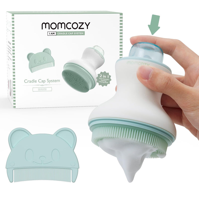 Momcozy﻿ Innovative Cradle Cap Brush with Pump, 2-in-1 Baby Cradle Cap Brush with Bubbler, Newborn Cradle Cap System, Shampoo Brush Baby Bath Essential Foamer Brush, Baby Hair Brush, Green