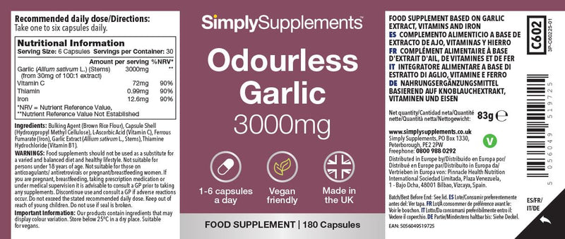 High Strength Odourless Garlic Capsules with Added Vitamin C, Thiamine and Iron | 360 Vegan & Vegetarian Capsules | Heart Health & Circulation Support | Fast Release & Absorption | UK Made Unflavoured 180 count (Pack of 2)