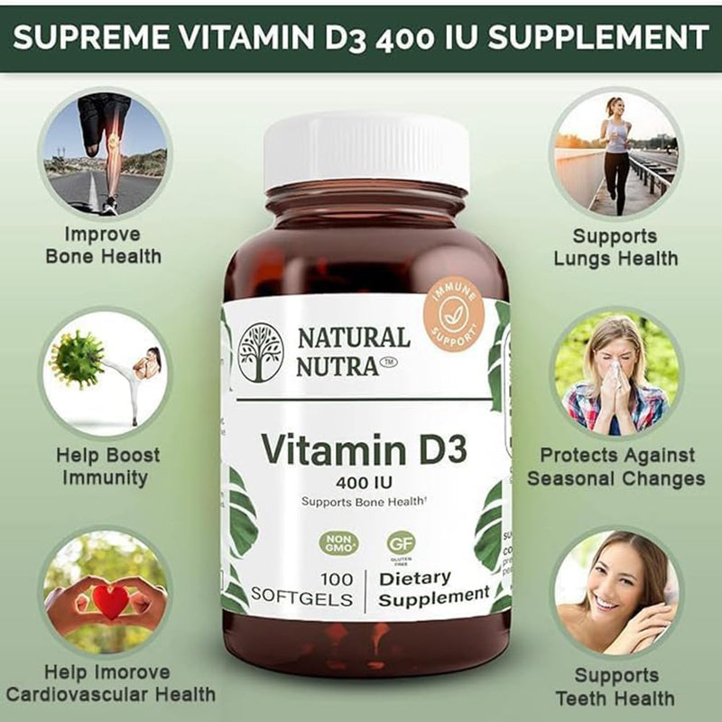 Natural Nutra Vitamin D3 400 IU Softgels, Gluten-Free Vitamin D, 100 Count | Supports Immune Function, Bone & Teeth Support, Cardiovascular Support Unflavored 100 Count (Pack of 1)