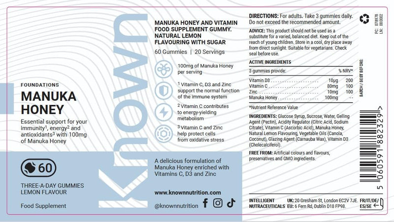 Known Manuka Honey Gummies – Lemon Flavour – 100mg Manuka Honey with Vitamin C, D3 & Zinc – Chewable Gummy Supplement – Natural Immune & Wellness Support – 1 Month Supply – for Men & Women