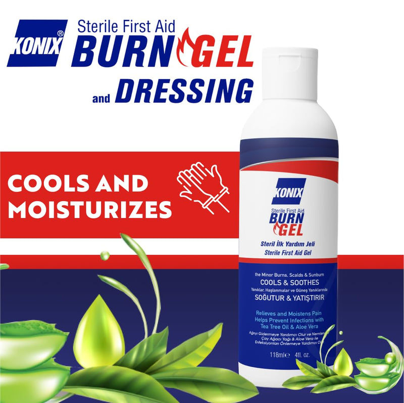[Australia] - KONIX Sterile First Aid Burn Gel Fast Relief Protection Quick Aid Gel for All Types of Burn Injuries Suitable for All Skin Types Melaleuca, Aloe Vera 118 Ml 
