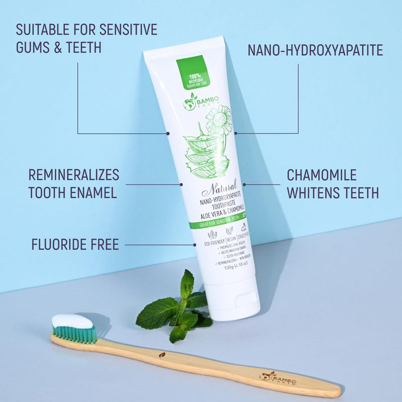 [Australia] - Natural Fluoride Free Toothpaste - Nano Hydroxyapatite, Remineralizing, Sensitive Teeth, Whitening & Zero Waste Tube - Dentist Recommended for Adult & Kids Oral Aloe Vera & Chamomile (4 Pack, Aloe) 4 Pack, Aloe 