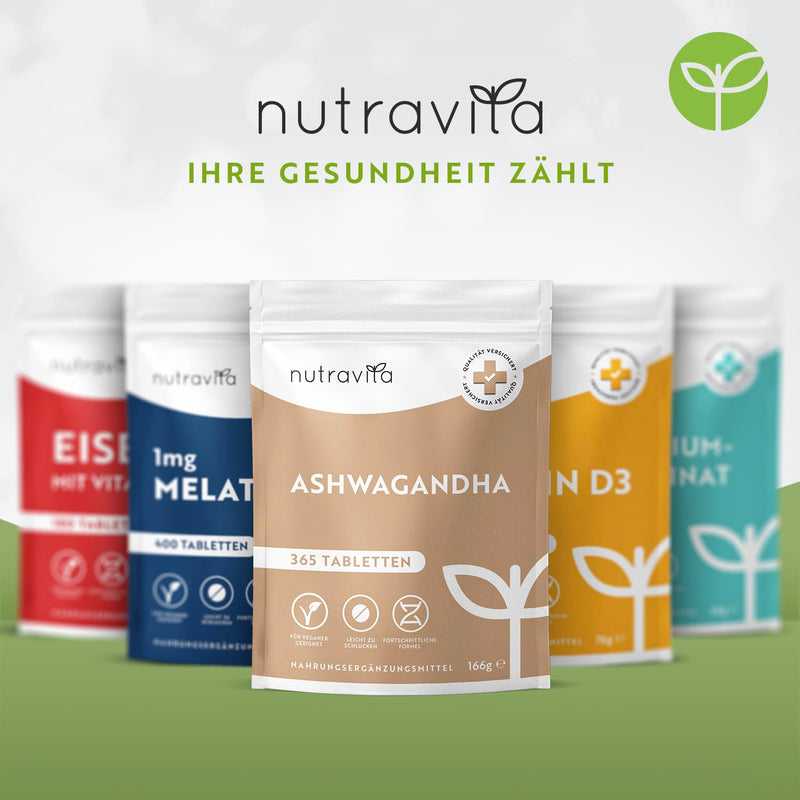 [Australia] - Ashwagandha high dose - 365 vegan tablets (1 year supply) - 600mg per tablet - Highly effective Ashwaganda root powder - Alternative to Ashwagandha capsules - Indian sleepberry - Nutravita 