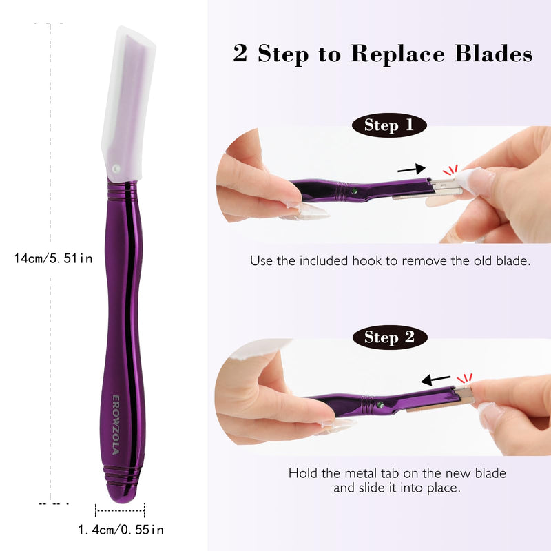 [Australia] - Eyebrow Razor for Women and Men, Face Razors for Women, Dermaplane Razor with Protective Silicone Cover, Reusable Metal Handle with 6 Refill Blades, Skin Care Tool - Purple 