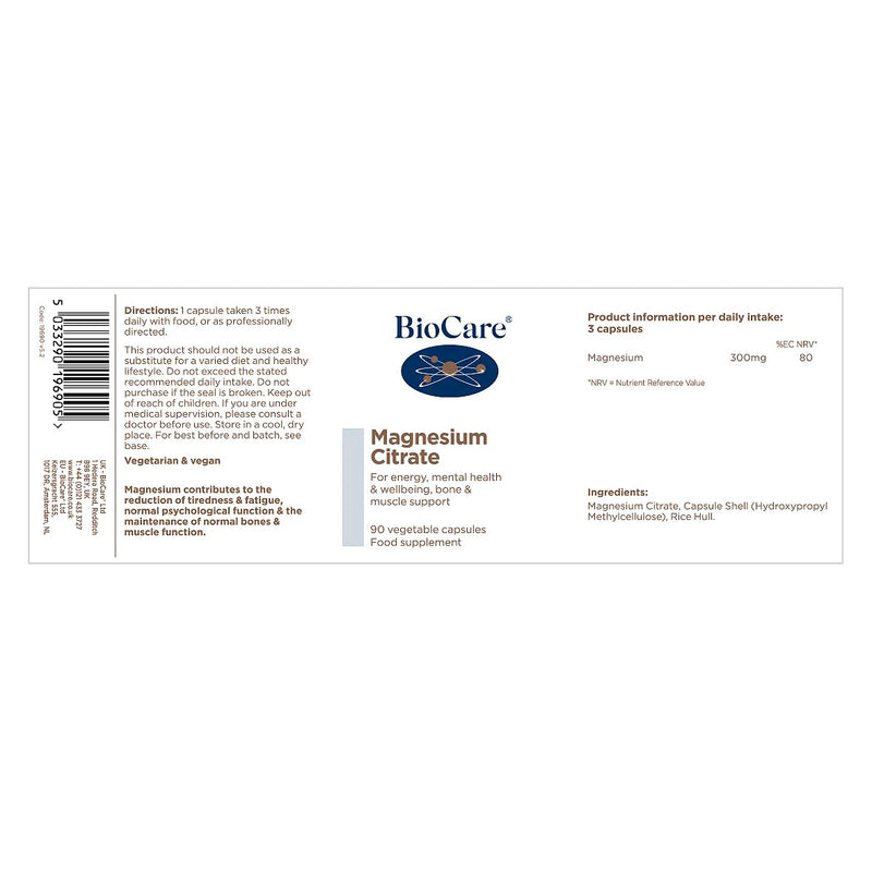 BioCare Magnesium Citrate - Optimally Absorbed Magnesium for Energy, Bones and Muscle - 90 Capsules