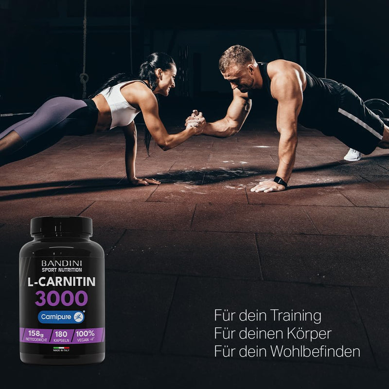 [Australia] - Bandini® L-CARNITIN Carnipure® 3000, 180 capsules, L-Carnitine, pure carnitine sports supplement, toning, energy and muscle regeneration, improves athletic performance, vegan carnitine 