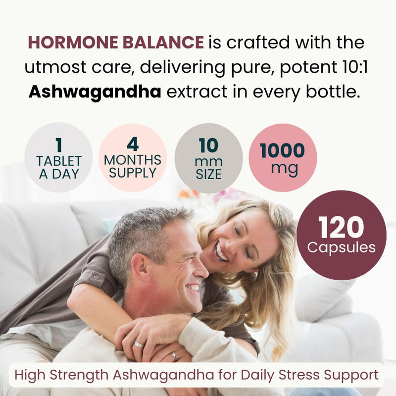 Hormone Balance Ashwagandha Mind & Body 1000mg – Adaptogen Support for Stress, Calm Energy, Sleep & Mood – Hormone Balance & Focus – 120 Vegan Tablets | Cortisol Reducing Supplements 120 count (Pack of 1)