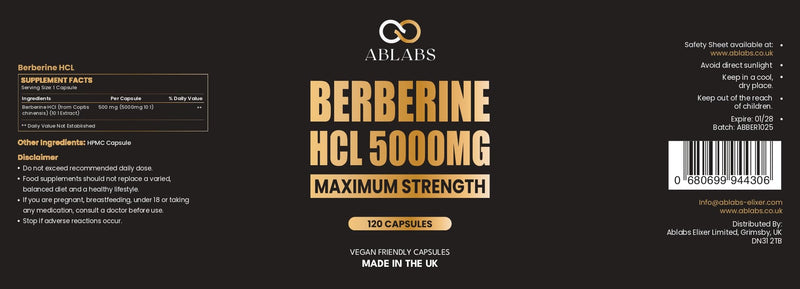 Berberine hcl Dietary Supplement Capsules - Gelatin Free Vegan-Friendly Capsules - 120 Pure High Quality Berberine Capsules