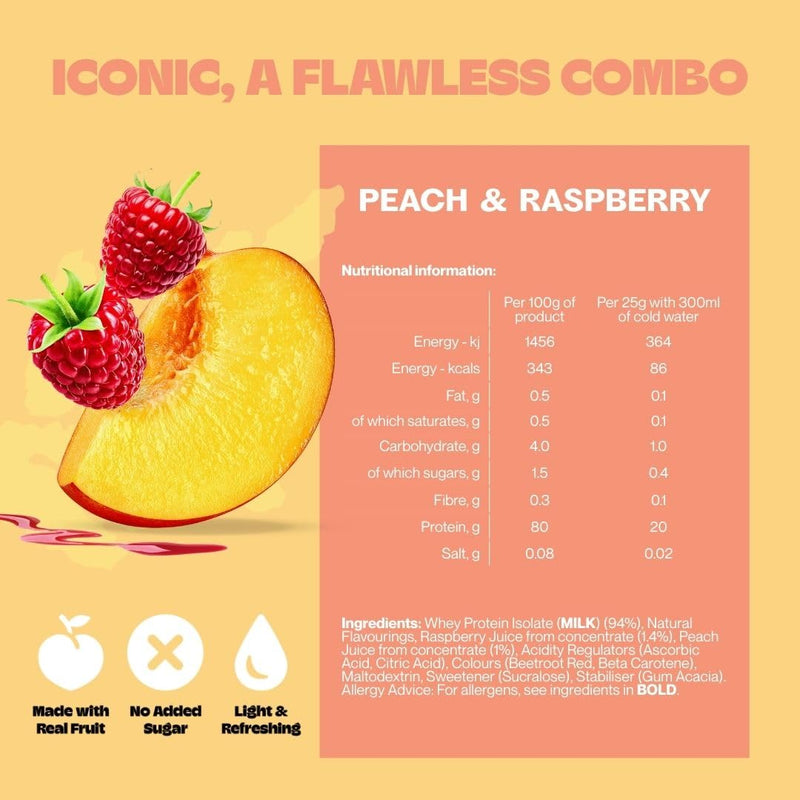 Clear Whey Protein Powder Peach & Raspberry (20 Servings) Refreshing Protein Water | Zero Added Sugar | High Protein 20g Per Serving 20 Servings