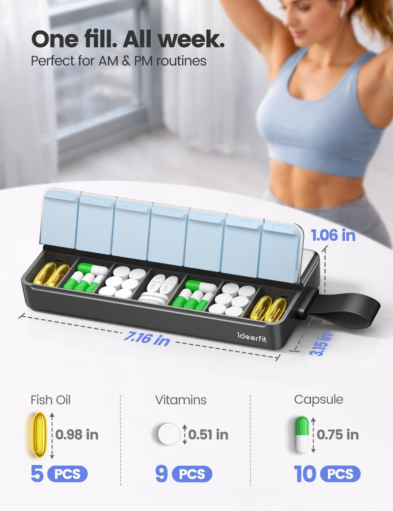 7 Day Pill Organizer 2 Times a Day, Weekly Pill Case, AM PM Pill Box Travel, Dosey Medicine Box, Moisture-Proof Medication Container Dry for Vitamin Supplement Dispenser Storage Holder-Black Black