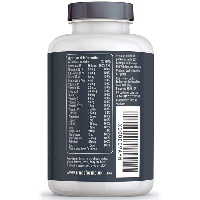 Multivitamins Nutritional Supplements for Women and Men, 365 Tablets, 1 Year Supply, 24 Active Vitamins and Minerals inc Vitamin D, C, B, Iron, Magnesium, Zinc, Vegan Vegetarian, UK Made by Transforme 1 count (Pack of 365)