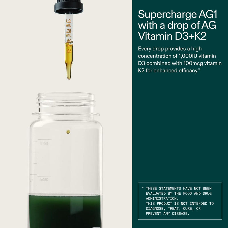 AG1 Vitamin D3 + K2 Liquid Drops | Vitamin D & K Blend | Daily Bone Support | Supports Immune, Heart, and Bone Health With Highly Bioavailable Nutrients in an Easy-to-Use, Vegan Formula 1 Fl Oz (Pack of 1)