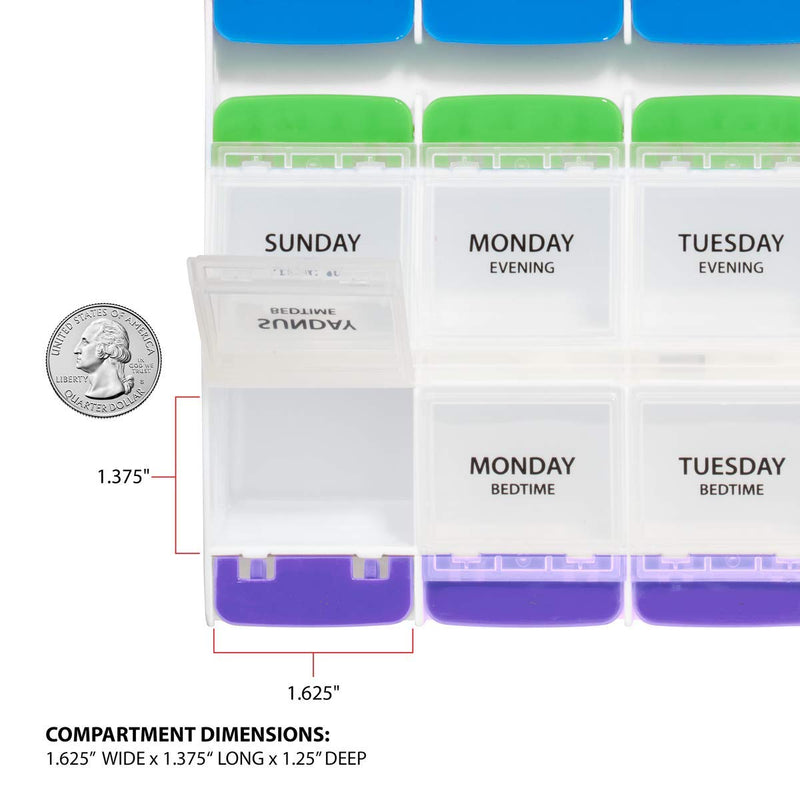 Ezy Dose Weekly (7-Day) Pill Case, Medicine Planner, Vitamin Organizer Box, 3X-Large Push Button Compartments, 4 Times a Day, Clear Lids, BPA Free
