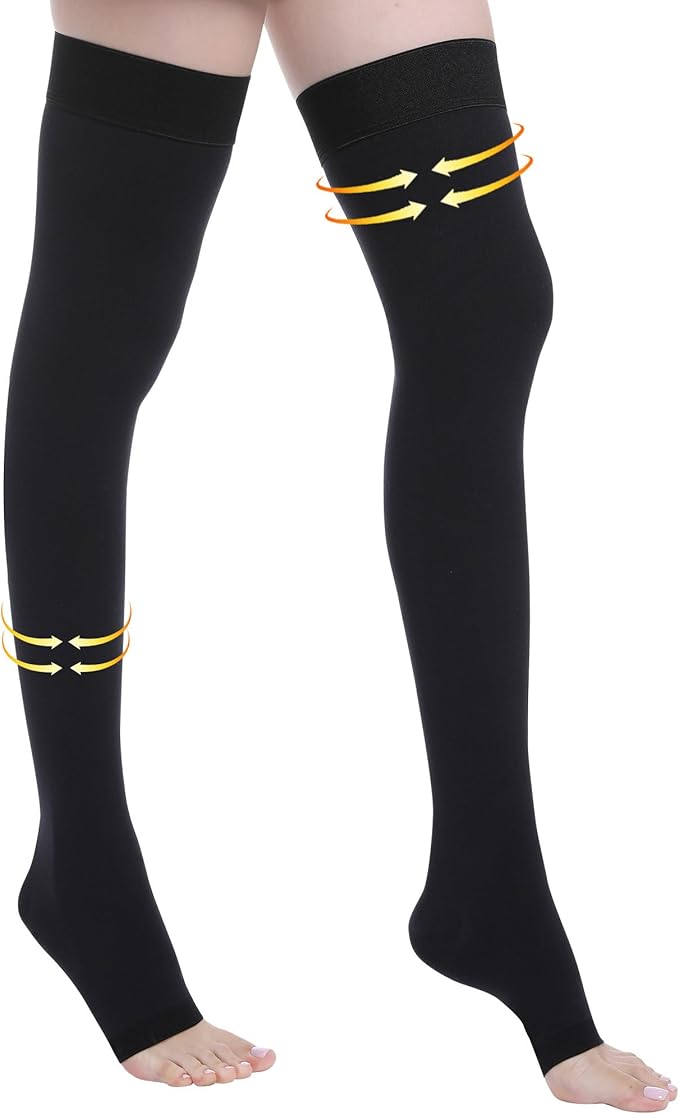 Thigh High Compression Stockings, Open Toe, Pair, Firm Support 20-30mmHg Gradient Compression Socks with Silicone Band, Unisex, Opaque, Best for Spider & Varicose Veins, Edema, Swelling, Black XXL 2X-Large
