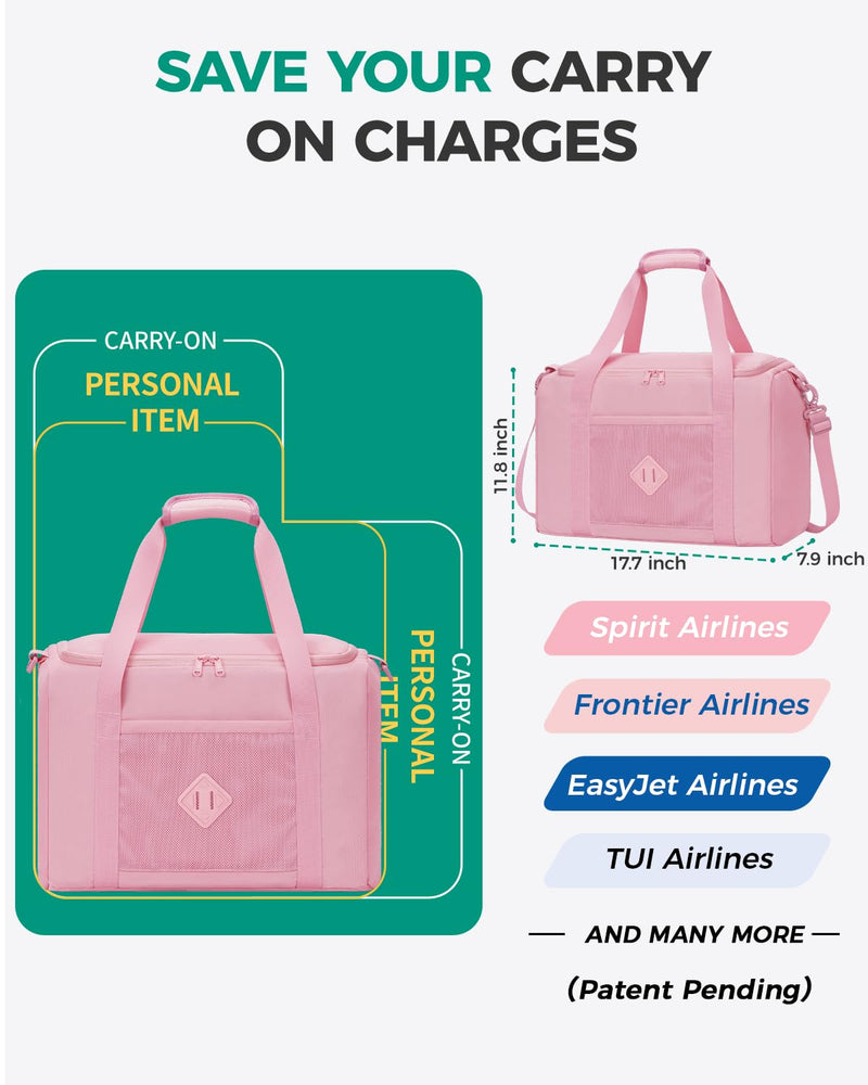WANDF Personal Item Travel Bag 18x14x8, Carry On Duffle Bag for Women | Frontier Underseat Fit, Weekend Overnight Trips, Wet Pockets, Lightweight Flight Essentials A-Pink