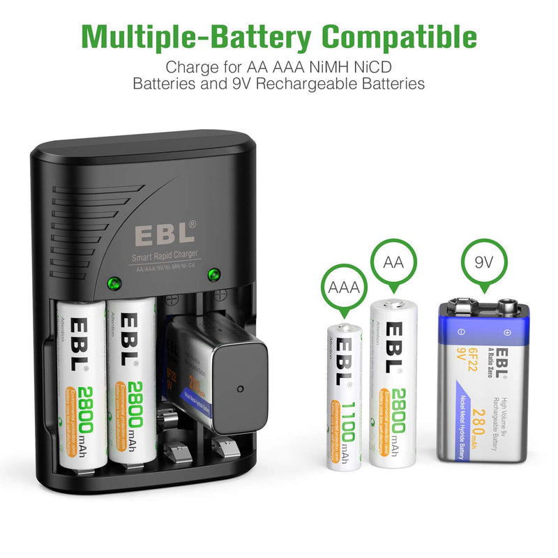 EBL Rechargeable AA Batteries 4 Pack, Precharged Double A Battery 2800mAh and AA AAA Battery Charger with Foldable Wall Plug 4AA Battery + Charger