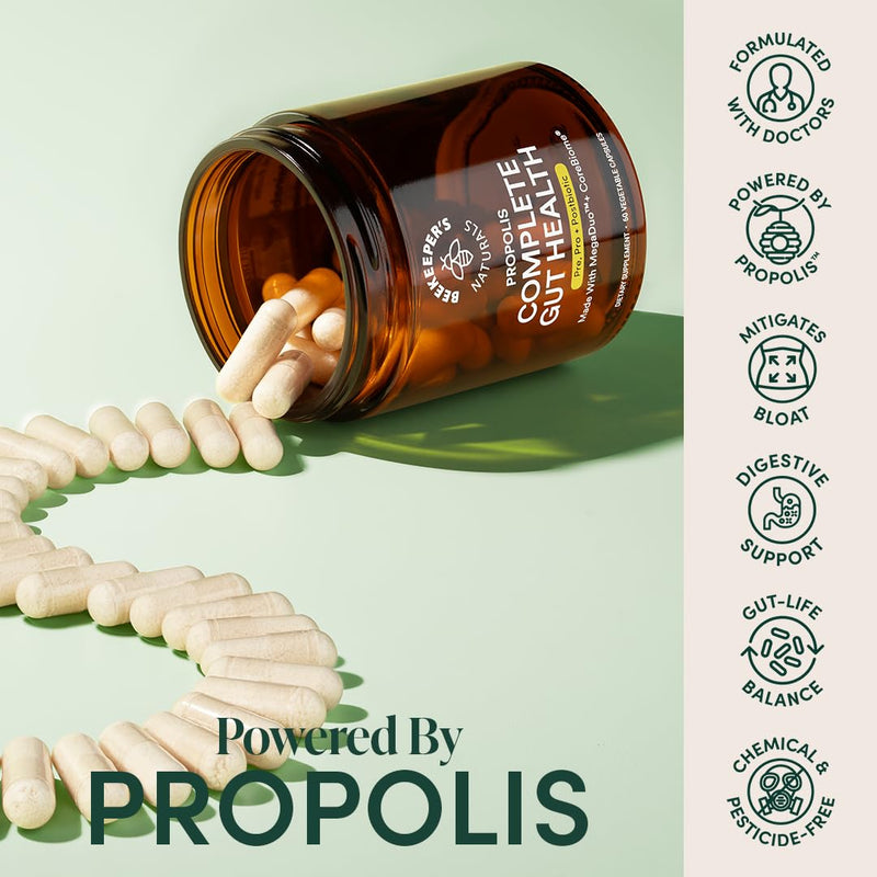 [Australia] - Beekeeper's Naturals Complete Gut Health, 3-in-1 Prebiotic, Postbiotic, Probiotics for Digestive Health & Bloating Relief for Women & Men, Propolis Powered, Gluten-Free Vegan Capsules, 60ct 60 Count (Pack of 1) 