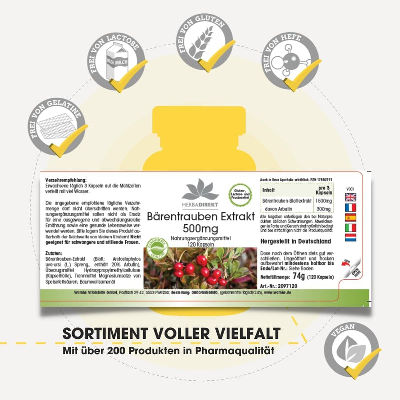 [Australia] - Bearberry extract 500mg - 120 capsules Uva Ursi - standardized to 20% arbutin - high dosage - vegan | HERBADIREKT by Warnke vital substances - German pharmacy quality 