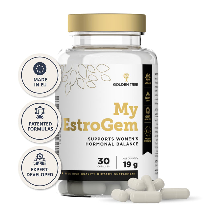 Golden Tree My EstroGem – Complex with Lemon Balm, Chlorella, Angelica, Flaxseed, Vitamin B6 & Black Pepper – 30 Capsules 30 count (Pack of 1)