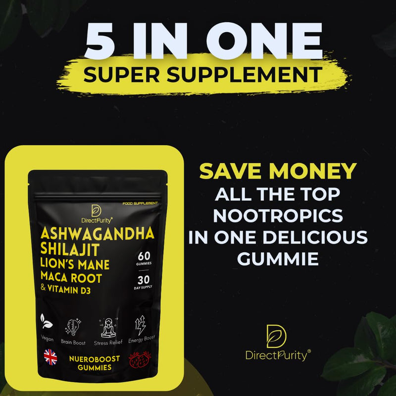 NeuroBoost 5-in-1 Wellness Gummies – Ashwagandha, Shilajit, Lion’s Mane, Maca Root & Vitamin D3 – 60 Vegan Gummies – Supports Relaxation, Cognitive Function & Immune System – High Strength Formula