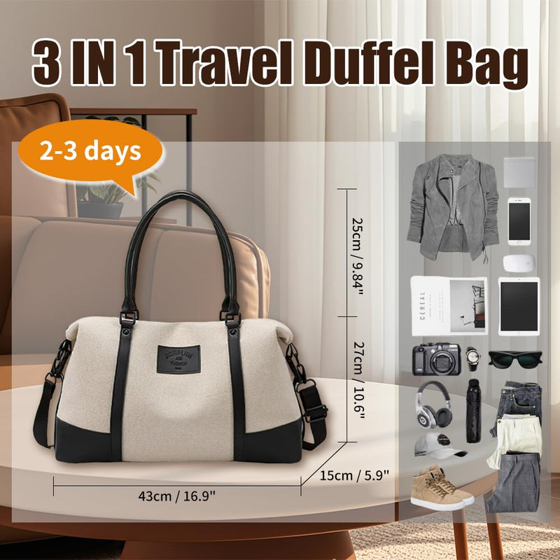 Travel Duffle Bag for Women, Canvas Carry On Weekender Overnight Bags with Wet Pocket, Gym Tote Bag for Business Trip Sports (Beige Black) Beige Black
