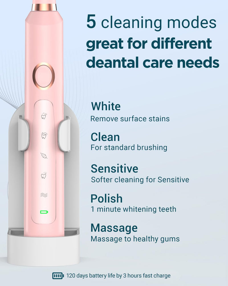 [Australia] - Sonic Electric Toothbrush for Adults - Rechargeable Electric toothbrush with 8 Brush Heads & Travel Case,Teeth Whitening , Power Electric Toothbrush with Holder, 3 Hours Charge for 120 Days - Pink 1 Count (Pack of 1) 