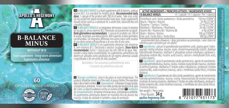 B-Balance Minus - 60 Vegan Capsules - Excluding B12 for Customized Health Strategies - Comprehensive B-Complex for Metabolism & Nervous System Support - by Apollo's Hegemony