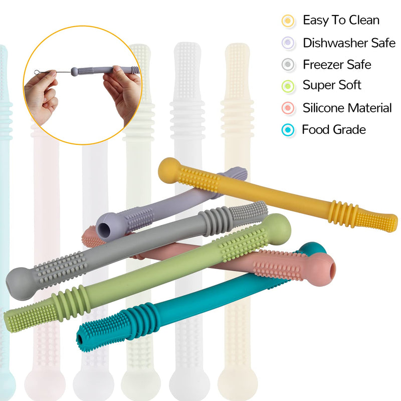 [Australia] - Fu Store Hollow Teether Tube, 6 Pack Chew Straw Toy for Infant Toddlers Silicone Tubes Teething Toys for Babies 3-12 Months BPA Free/Freezable/Dishwasher and Refrigerator Safe 