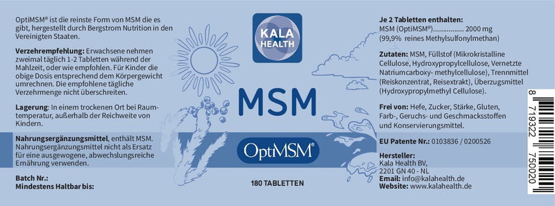 [Australia] - Kala Health - OptiMSM® (methylsulfonylmethane) tablets high dosage, 99.9% pure MSM sulfur Laboratory tested production without additives in the United States 180 