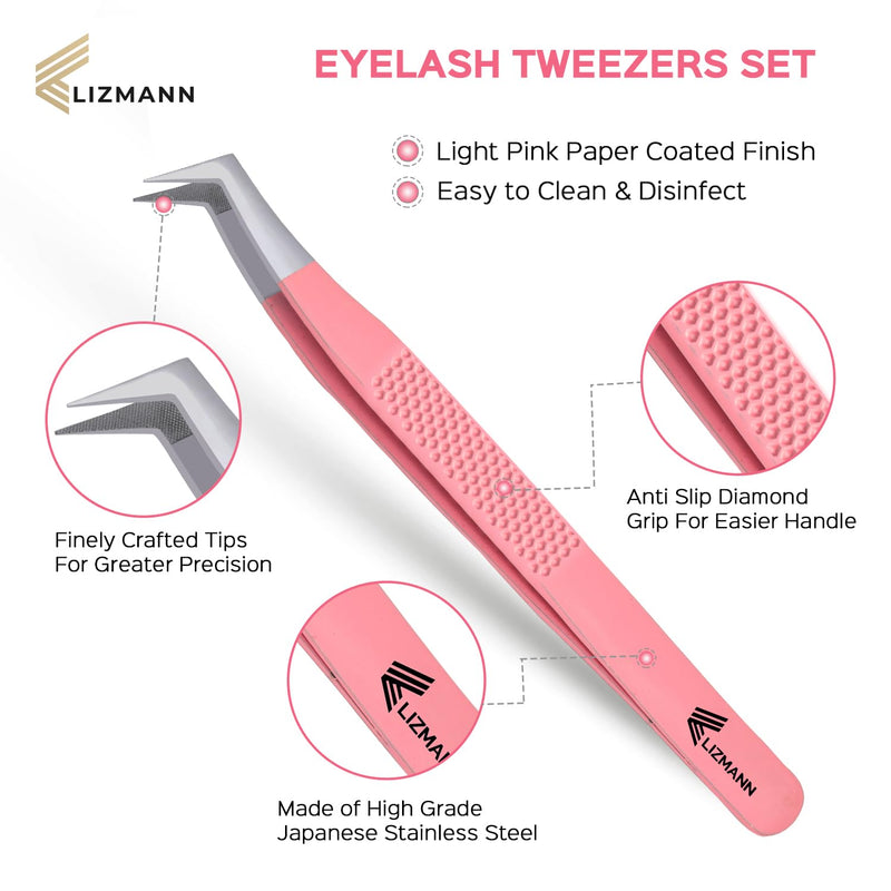LIZMANN Eyelash Extension Tweezers (Pink Set of 7) – Professional Fiber Tip Lash Tweezers for Classic & Volume Lashes – Anti-Static Japanese Steel PACK OF 7 Pink