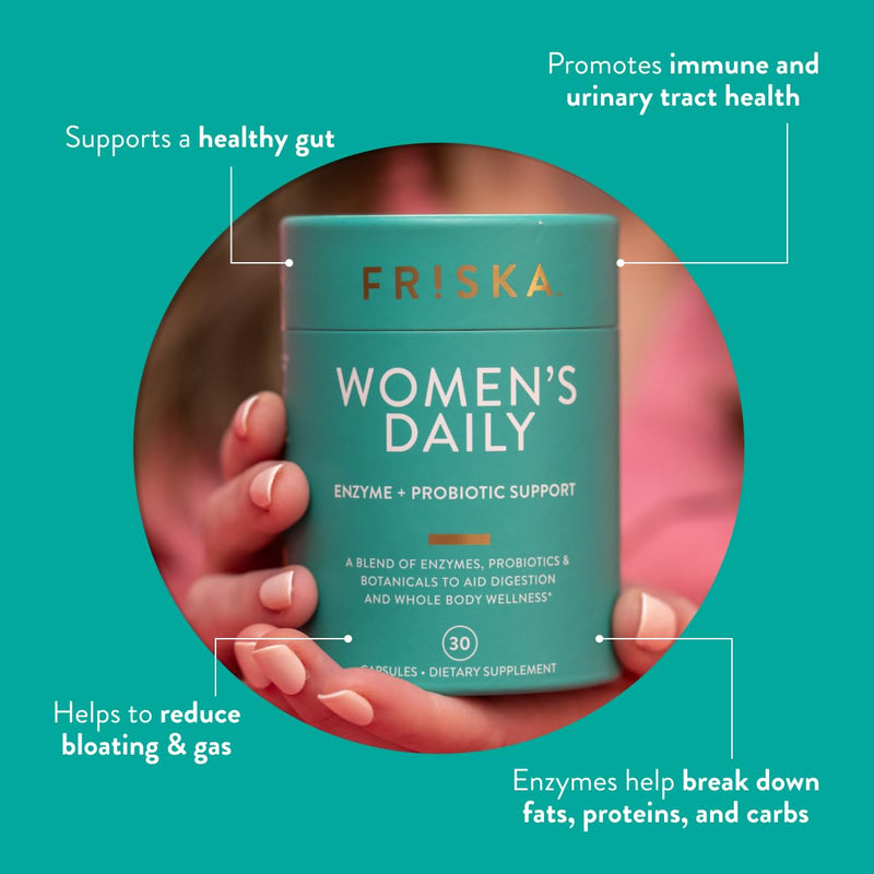 Friska Women’s Daily Gut Support - Pre/Post Meal, Digestive Enzymes, Probiotic DE111 for Bloating & Digestive Balance, Vitamin D, Cranberry & Biotin for Hair, Nail & Urinary Health, 90 Capsules Womens Daily 30 Count (Pack of 3)