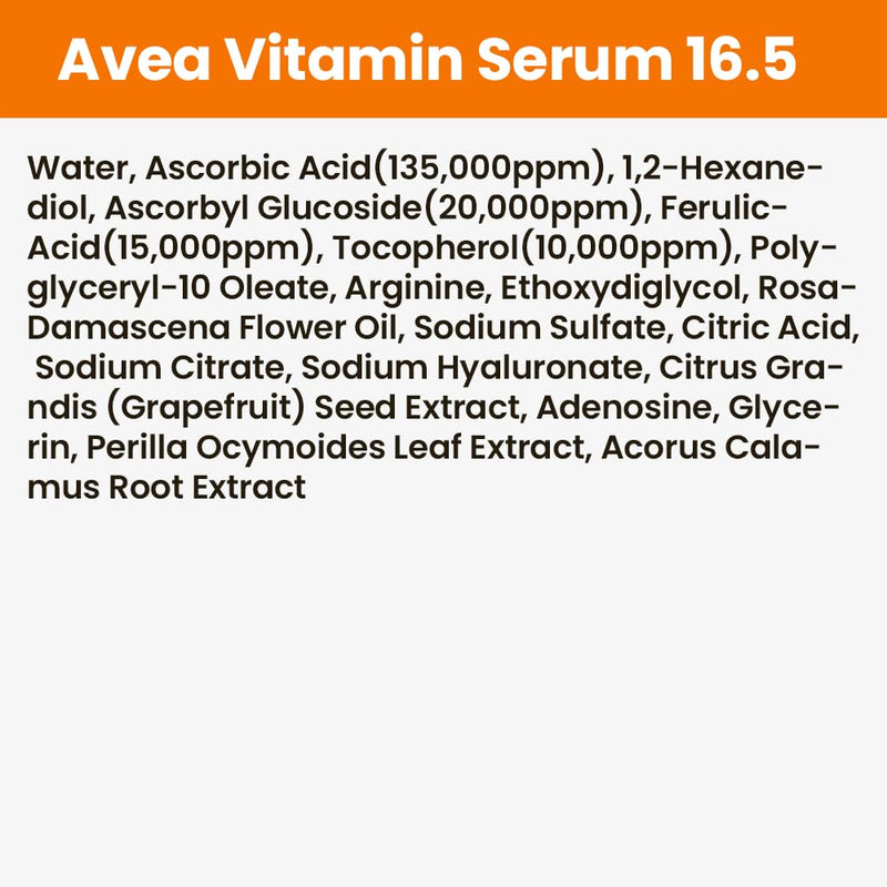 AVEA Vitamin Serum 16.5 – 13.5% Pure Vitamin C + Ascorbyl Glucoside, Vitamin E & Ferulic Acid – Radiance & Even-Tone Support – Lightweight, Non-Sticky Formula – 10ml / 0.33 fl oz