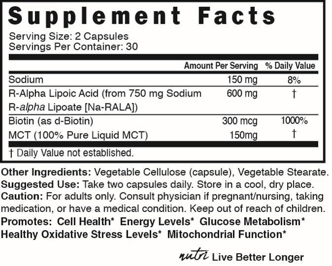 Nutri R Alpha Lipoic Acid 600mg Capsules - R Lipoic Acid Stabilized with Biotin - Active Form R-ALA - Clinical Dosage - Powerful Antioxidant and Cellular Energy Support - 60 Vegan Capsules 60 Count (Pack of 1)