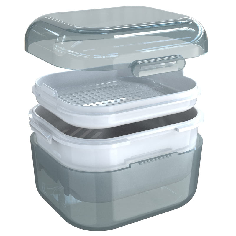 [Australia] - ARGOMAX Denture Case, Denture Cup for Soaking Dentures, Thorough Cleaning of Dentures, Retainer, Mouthguards, Clear Braces (Grey). Grey Clear Case + White Filter and Tray 