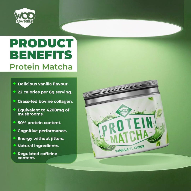 Protein Matcha Powder Vanilla | Ceremonial Grade Organic Japanese Matcha with Grass-fed Bovine Collagen & Functional Mushroom Extracts | 240g Tub with Scoop | High Protein - Made by WOD Powders
