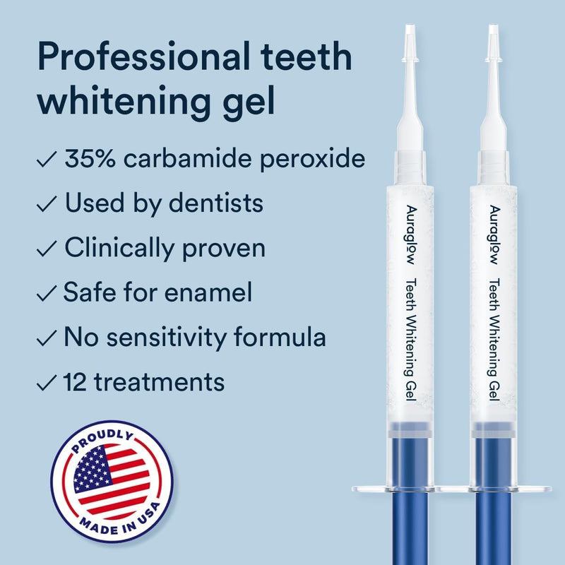 Auraglow Plug-in LED Teeth Whitening Kit – Wired Light Device – 35% Carbamide Peroxide Gel – 12 Treatments – at-Home Tooth Whitening System – Enamel-Safe at-Home Whitening for Coffee & Tea Stains Spearmint