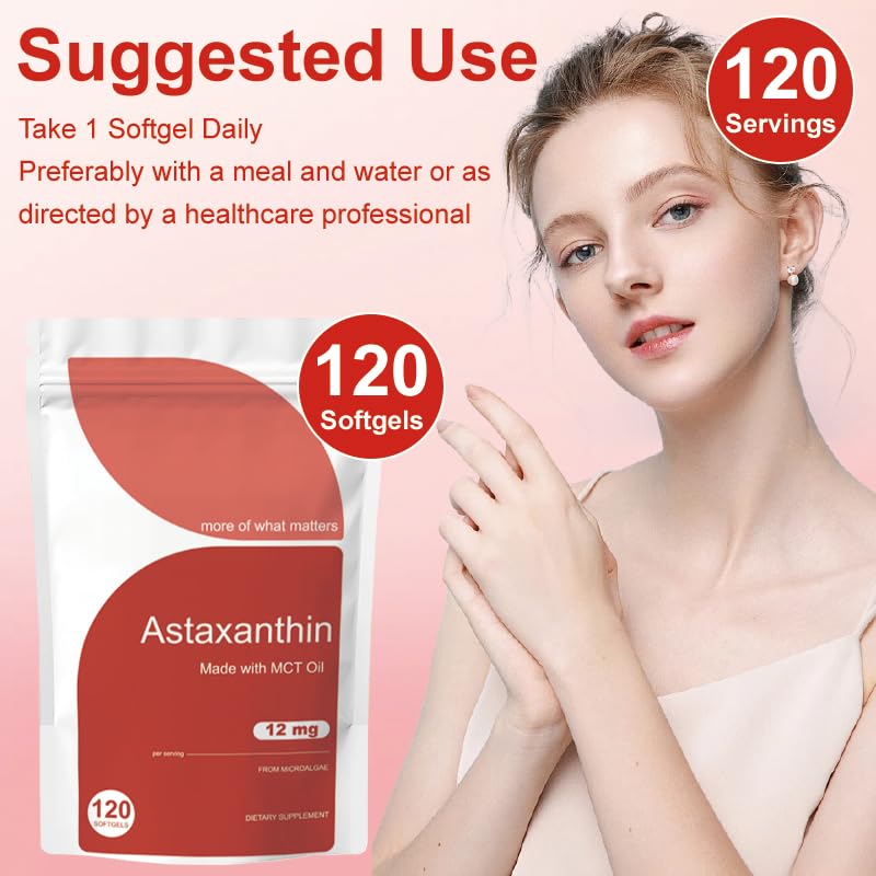 Astaxanthin 12mg Softgels with MCT Oil, 120 Softgels, Natural Astaxanthin from Microalgae, Non-GMO Formula, Daily Food Supplement for Adults, 120 Day Supply