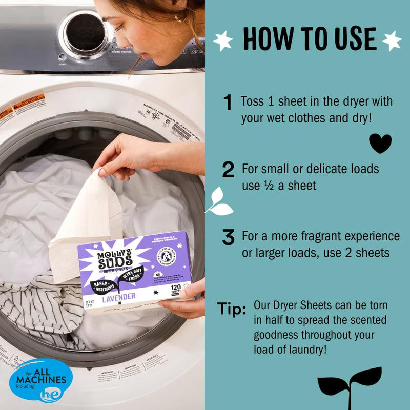 [Australia] - Molly's Suds Fabric Softener Dryer Sheets for Sensitive Skin | Plant-Based Static Reducer, Plastic-Free Packaging | Unscented (120 Sheets) 