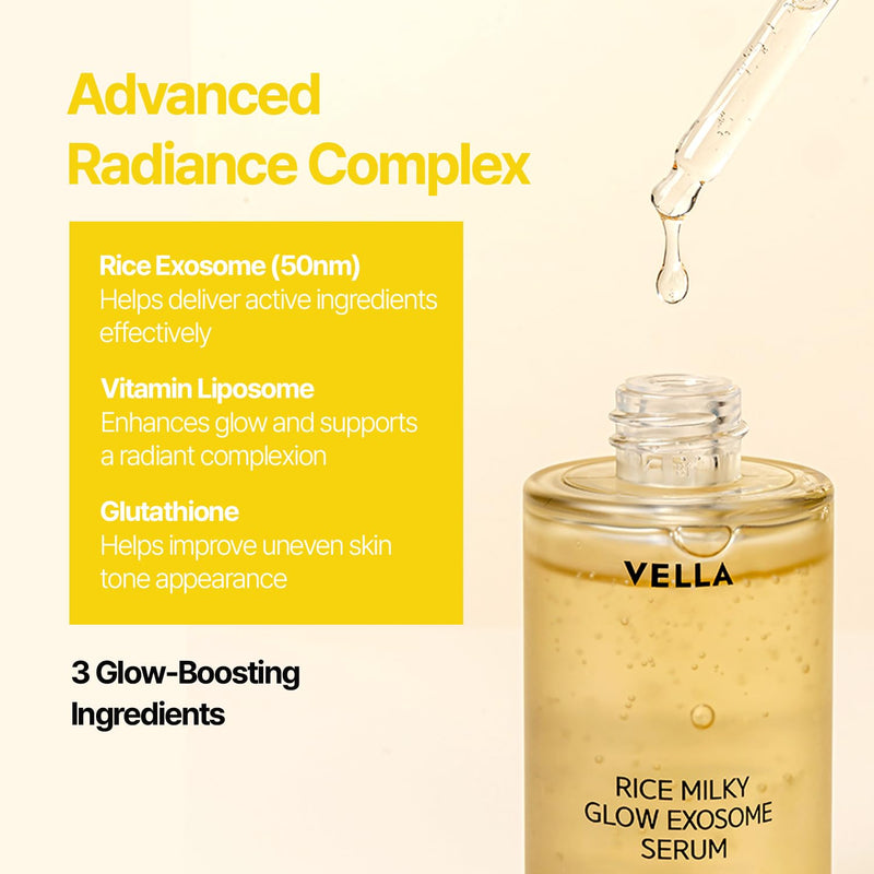 VELLA COSMETIC Rice Milky Glow Exosome Serum, K-Beauty Hydrating Face Serum with Rice Exosome, Glutathione & Vitamin Liposome, for Fresh, Glowy & Dewy-Looking Skin, All Skin Types, 1.69 fl oz (50 mL)