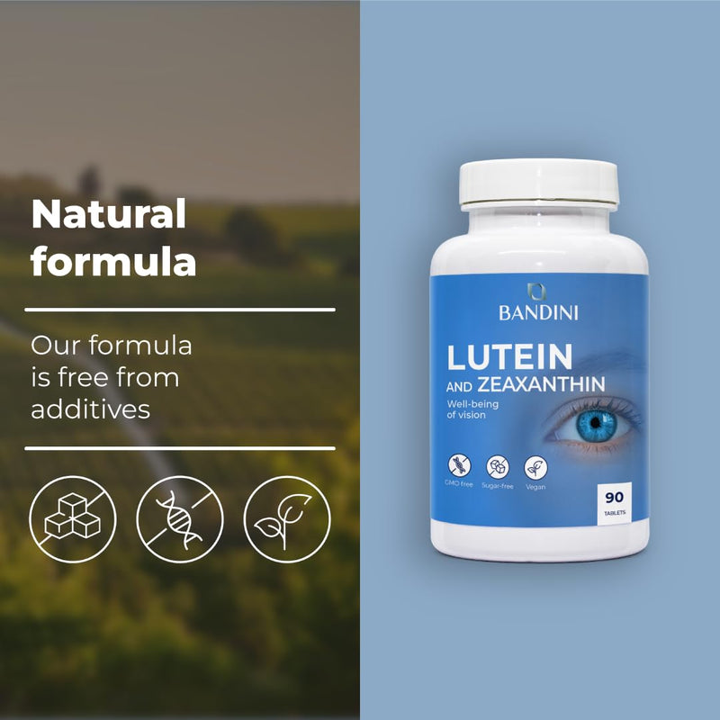Bandini® High-Dose Lutein and Zeaxanthin, Antioxidant Eye Supplement with Bilberry and Red Vine, Zinc, Vitamins A, B2, and E – Natural Vision Support – 90 Tablets