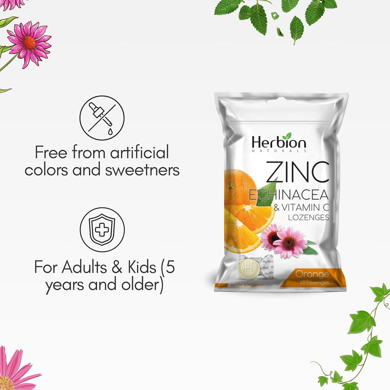 HERBION Naturals Zinc, Echinacea & Vitamin C Lozenges 25 CT, Dietary Supplement for Adults & Children 5+, Promotes Wellness for the Whole Family, 25 Count, Orange, Pack of 1 25 Count (Pack of 1)