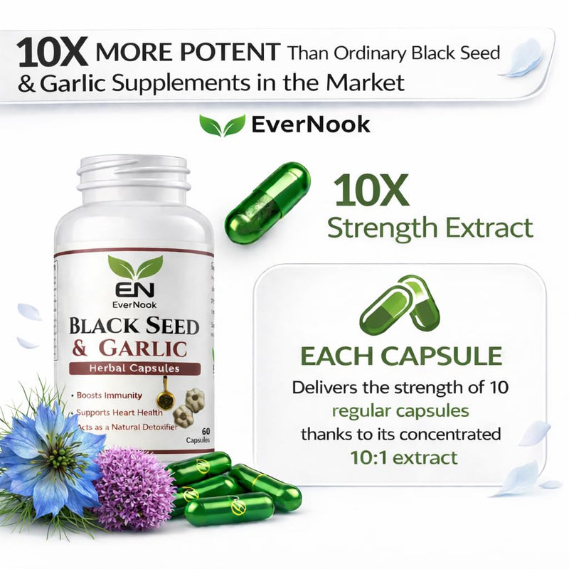 Black Seed & Garlic Capsules 500mg – 60 Vegetarian Capsules – Nigella Sativa & Garlic Powder Supplement – Natural Antioxidant Herbal Supplement – Supports Immunity, Heart Health & Detox