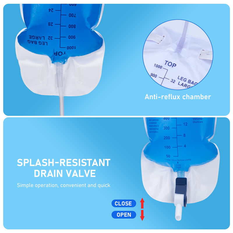 [Australia] - 1000ml Catheter Leg Bags, Urinary Drainage Bag for Men Women with Anti-Reflux Valve, 18‚Äù Tubing and Adjustable Cloth Straps, Easy Flip Drain (Pack of 5) 1000 ML - 5 Pack 