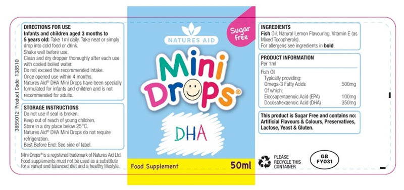 natures aid DHA Omega-3 Mini Drops for Infants and Children, Sugar Free, 50 ml (Pack of 6)